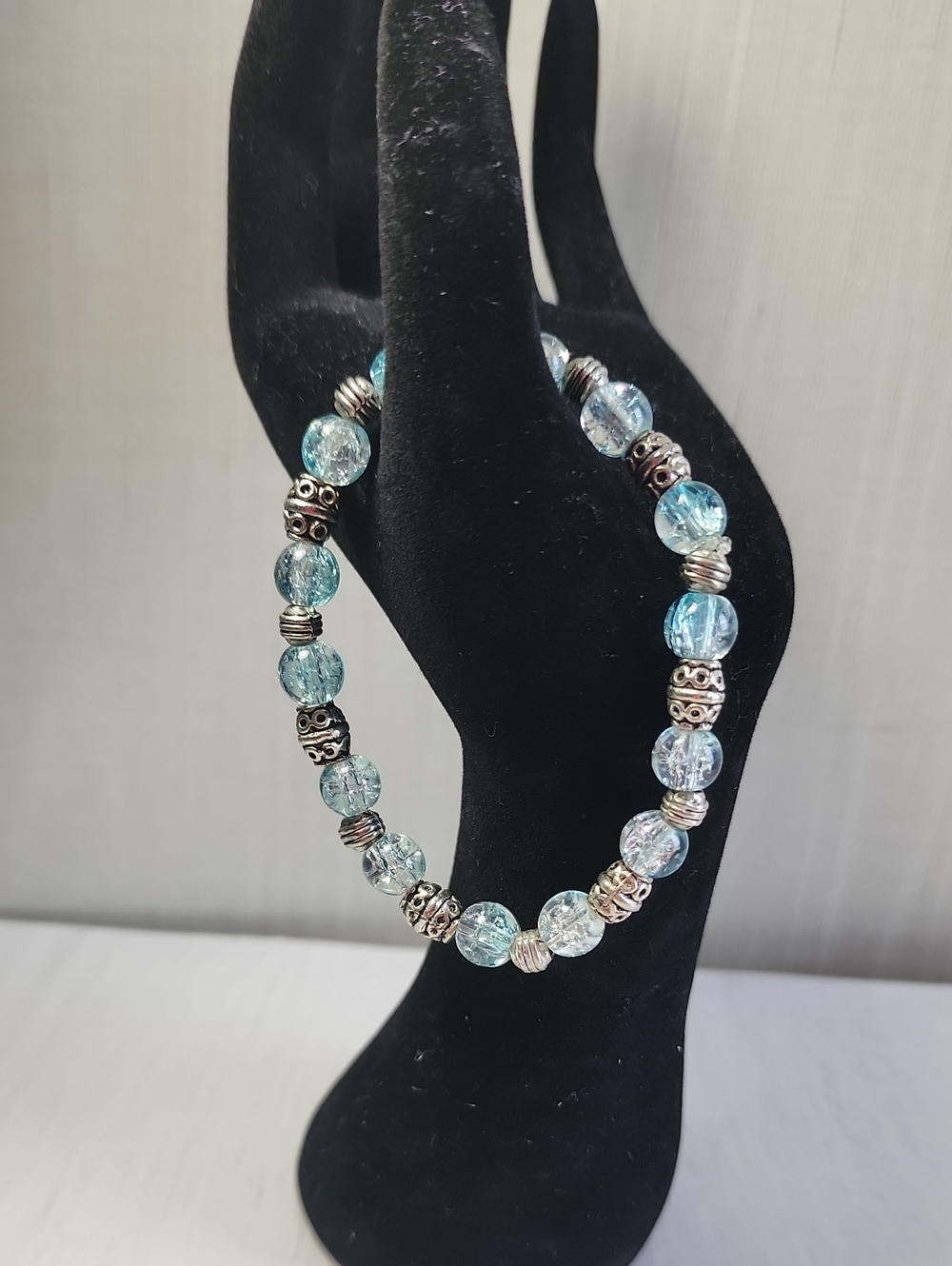Artisan Light Blue Glass Bead Stretch Bracelet - handmade by me
